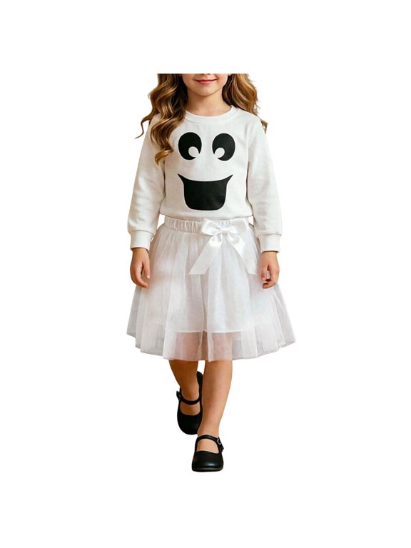 Little Girls Halloween Ghost Outfit Kids Long Sleeve Sweatshirt Tulle Skirt 2 Piece Set Cute Festival Costume 6-12 Months White