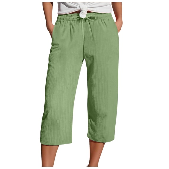 Vdoaml Muslin Capri Pants for Women Loose Straight Leg Trousers Ladies Elastic Waist Beach Pant with Drawstring M Green