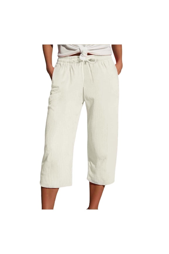Muslin Capri Pants for Women Loose Straight Leg Trousers Ladies Elastic Waist Beach Pant with Drawstring S Beige