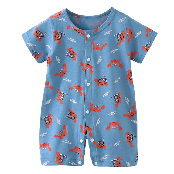 Vdoaml Newborn Short Sleeve Jumpsuit Baby Boy Full Snap Front Romper Infants Summer Cute Printed Bodysuits 0-6 Months Sky Blue