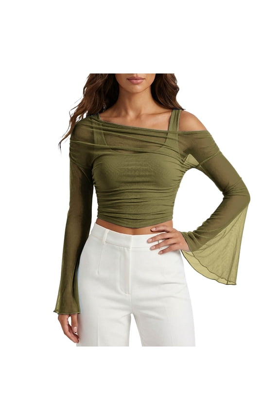 Off Shoulder Tops For Women Spaghetti Strap Inner Liner Flare Long Sleeve Slim Fit Tee Ladies Crop Top S Green