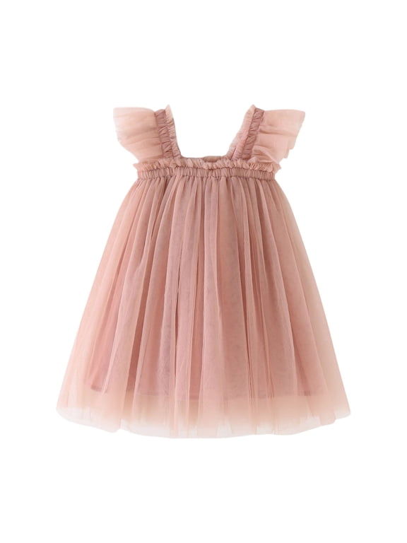 Toddler Girls Flying Sleeve Tulle Tutu Dress Kids Flowy Mesh Skirt Childrens Summer Princess Dresses 5-6 Years Watermelon Red