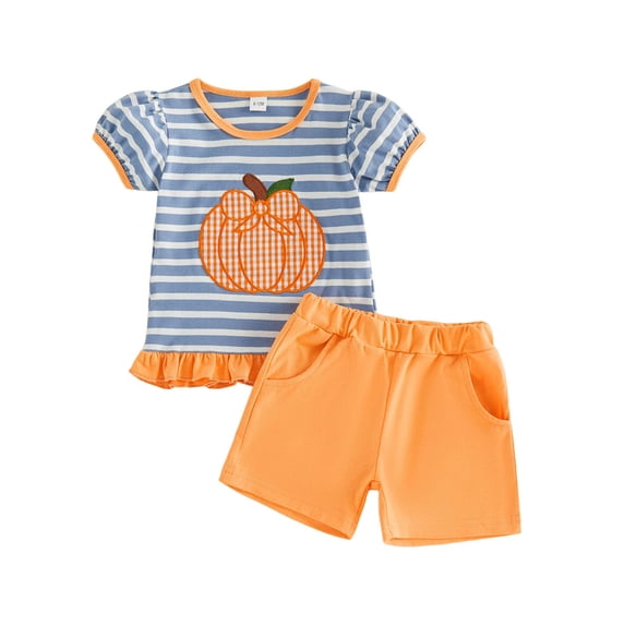 Vdoaml Toddler Girls Halloween Outfit Kids Short Sleeve Top Shorts 2 Piece Set with Pumpkin Embroidery 12-18 Months Blue