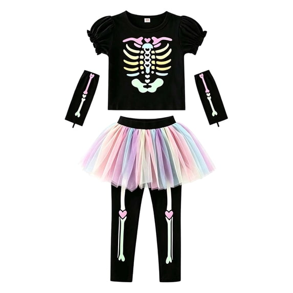 Vdoaml Toddler Girls Halloween Skeleton Costume Puff Sleeve Rainbow Tutu Dress Leggings Arm Cuffs Outfit Set 4-5 Years Multicolour