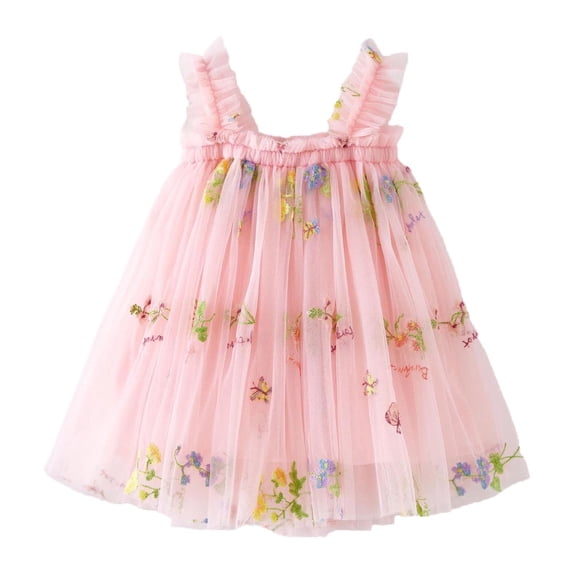 Vdoaml Toddler Sleeveless Princess Dress Little Girls Spaghetti Strap Tulle Sundress Kids Floral Flowy Skirt 12-18 Months Pink