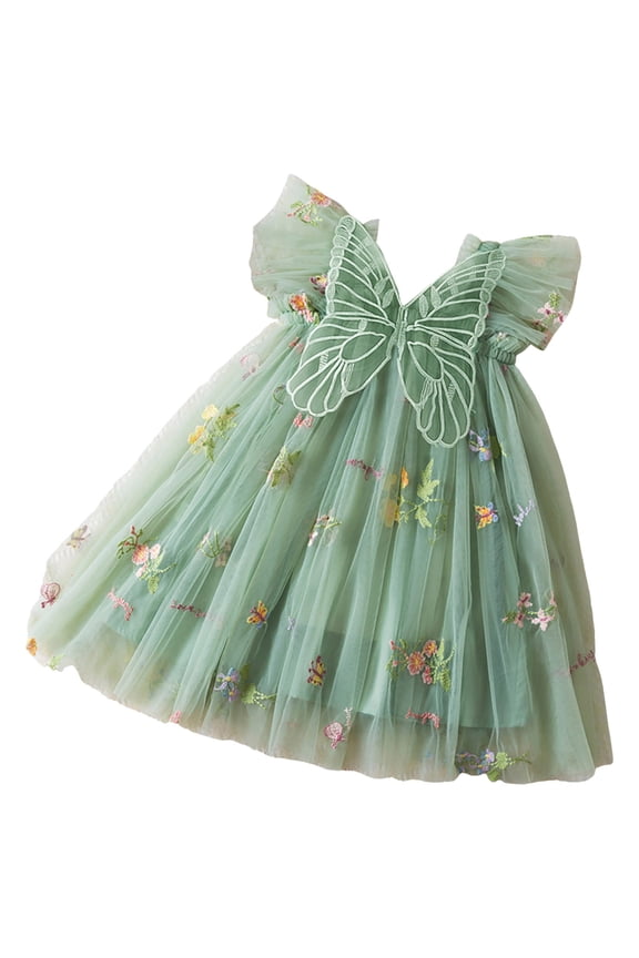Toddlers Flutter Sleeve Tulle Tutu Dress Baby Girls Butterfly Embroidery Flowy Skirt Kids Cute Summer Dresses 12-18 Months Green