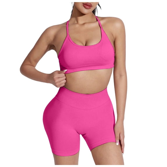 Vdoaml Women Halter Sports Bra Bike Shorts 2 Piece Set Ladies Athletic Yoga Outfit Womens Gym Running Tracksuit XS Hot Pink