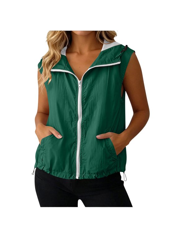 Women Hooded Sleeveless Jacket Ladies Full Zip Outdoor Tank Overjacket Womens Windbreake Vest L2 Green