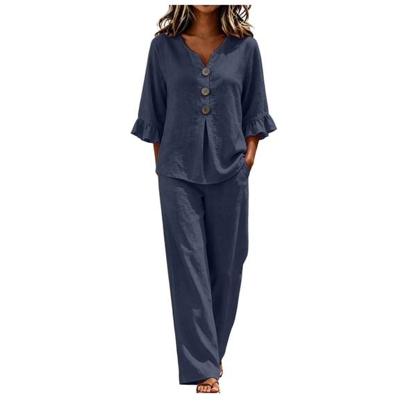 Vdoaml Women Loungewear 2 Piece Outfit Ladies 3/4 Sleeve Blouse Pants Sets Womens Casual Beach Outfits S Navy