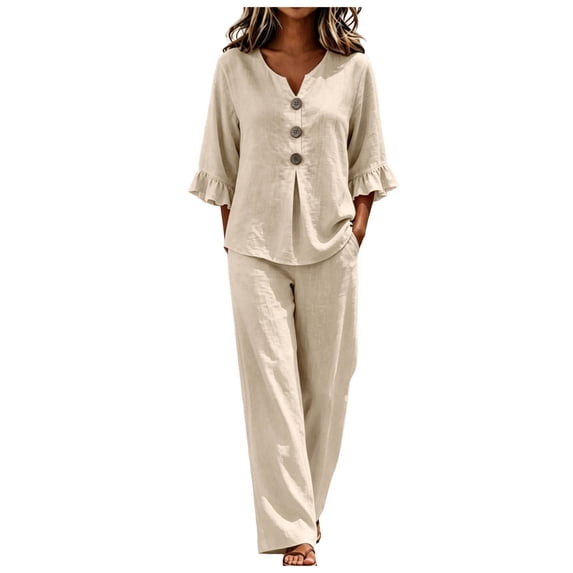 Vdoaml Women Loungewear 2 Piece Outfit Ladies 3/4 Sleeve Blouse Pants Sets Womens Casual Beach Outfits XL Khaki
