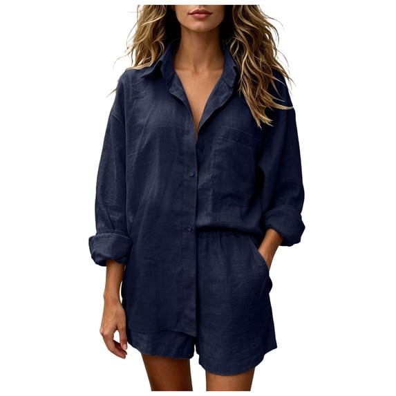Vdoaml Women Matching Sets Ladies Long Sleeve Button Front Shirt Shorts 2 Piece Set Womens Loose Casual Outfit L Navy