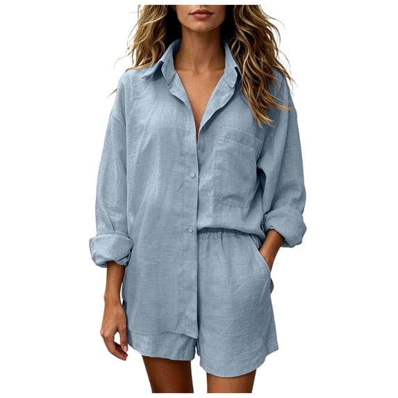Vdoaml Women Matching Sets Ladies Long Sleeve Button Front Shirt Shorts 2 Piece Set Womens Loose Casual Outfit L2 Light Blue