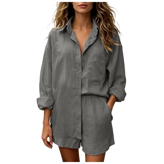 Vdoaml Women Matching Sets Ladies Long Sleeve Button Front Shirt Shorts 2 Piece Set Womens Loose Casual Outfit XL Grey