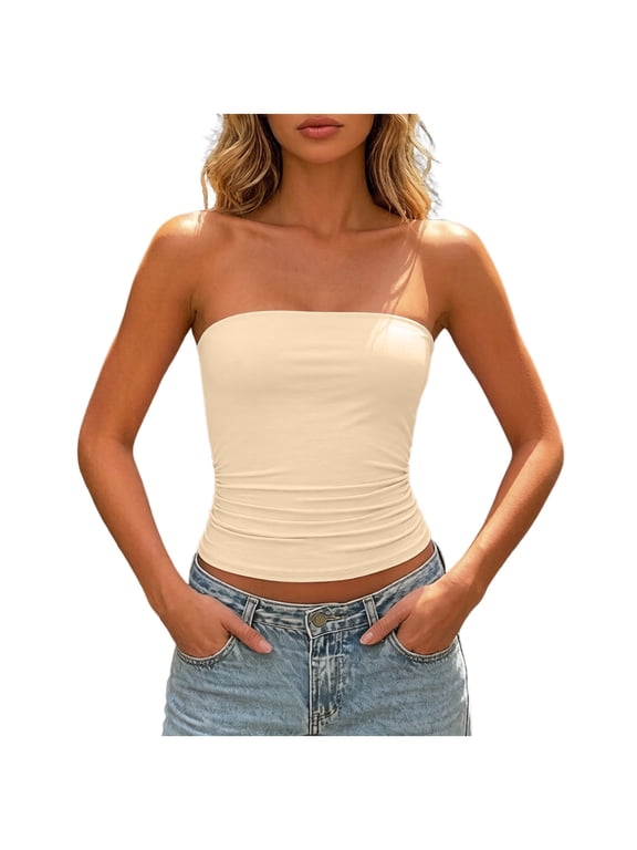 Women Seamless Tube Top Ladies Slim Fit Strapless Bandeau Camisole Womens Summer Casual Basic Tops M Beige