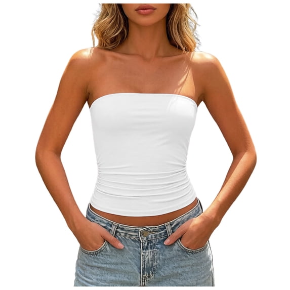Vdoaml Women Seamless Tube Top Ladies Slim Fit Strapless Bandeau Camisole Womens Summer Casual Basic Tops S White