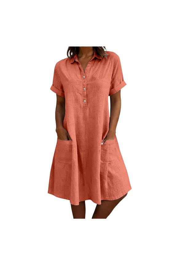 Women Short Sleeve Midi Dress Ladies Button Down Flowy Sundress Womens Summer Casual Dresses with Pockets L2 Orange