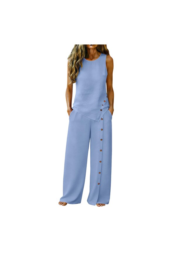 Women Sleeveless 2 Piece Outfit Ladies Asymmetrical Tank Top Palazzo Pants Set Womens Summer Matching Sets L2 Sky Blue