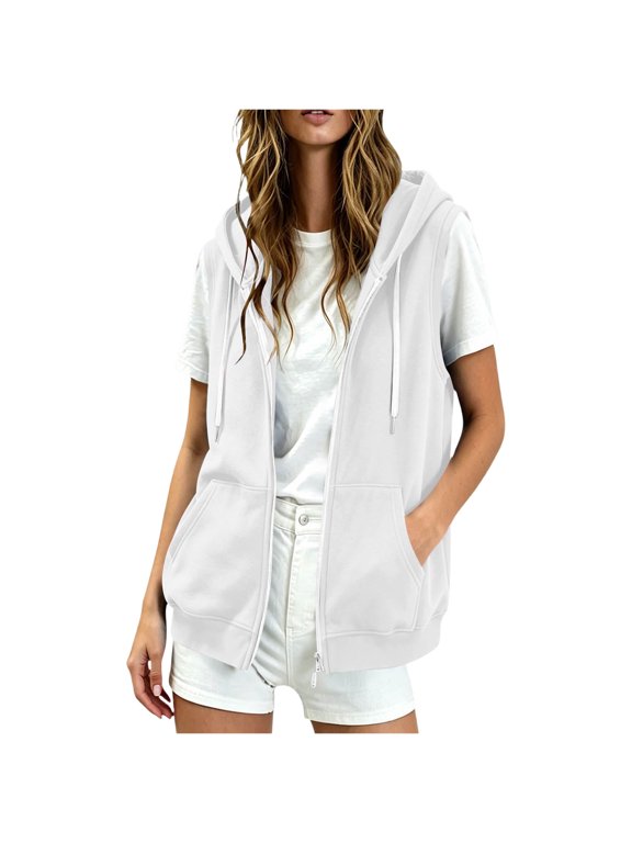 Women Sleeveless Hooded Sweatshirt Vest Ladies Zip-Up Sweat Coat Womens Casual Tank Waistcoat L2 White