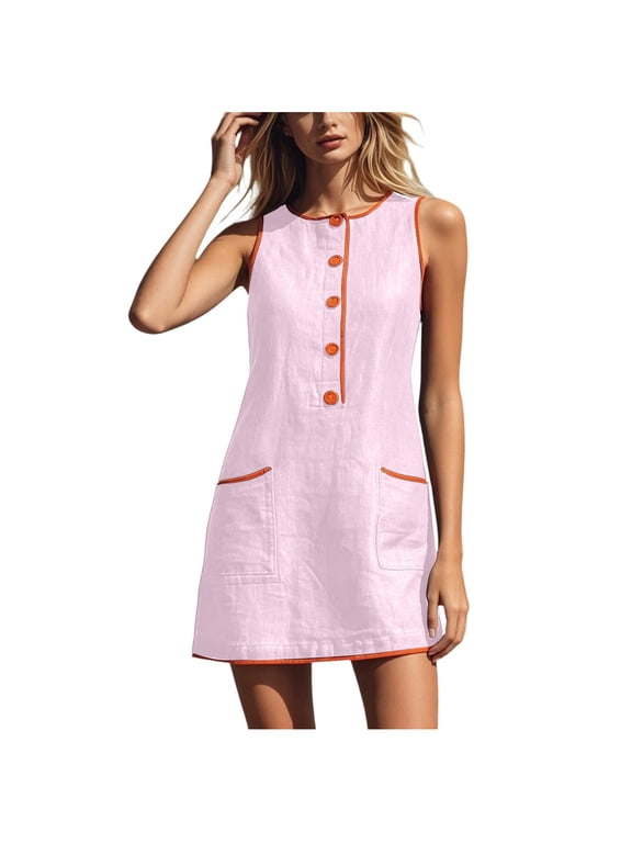 Women Sleeveless Mini Dress Ladies Round Neck Contrast Sundress Womens Summer Casual Dresses with Pockets M Pink