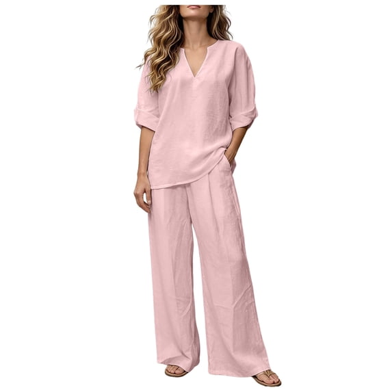 Vdoaml Women's 2 Piece Outfits Ladies 3/4 Sleeve Blouse Trousers Set Women Casual Beach Vacation Outfit L3 Red