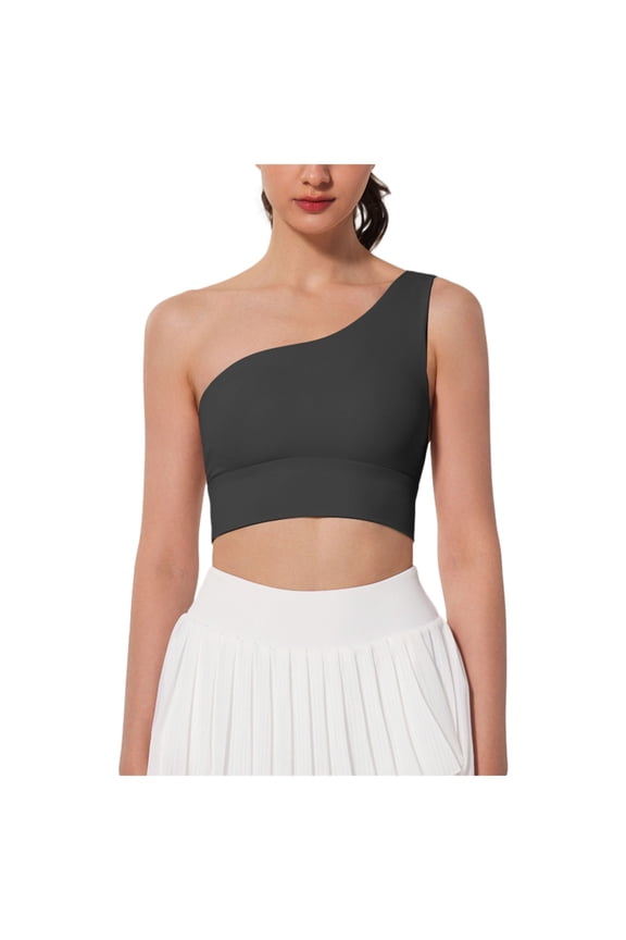 Womens One Shoulder Sports Bra Ladies Medium Support Crop Yoga Top Women Stretchy Workout Fitness Bras S Black