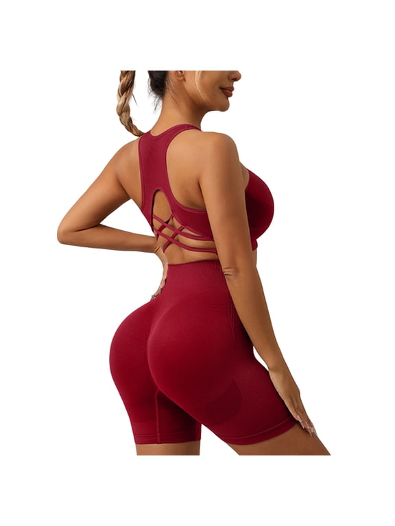 Womens Seamless Workout Set 2 Piece Outfit Ladies Crisscross Back Racerback Sports Bra and Biker Shorts L Wine