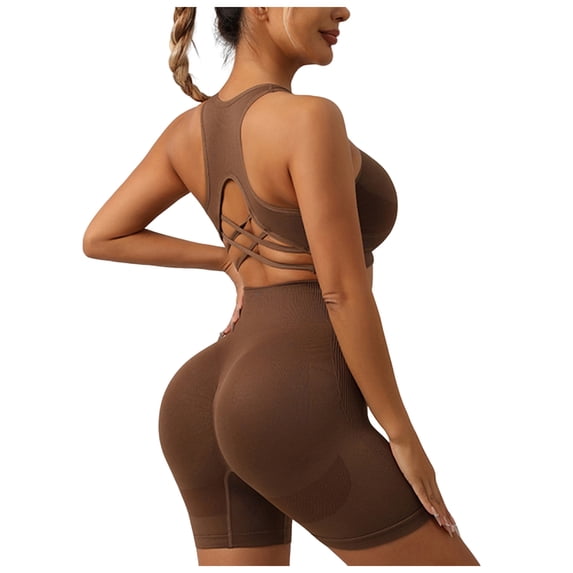 Vdoaml Womens Seamless Workout Set 2 Piece Outfit Ladies Crisscross Back Racerback Sports Bra and Biker Shorts S Coffee