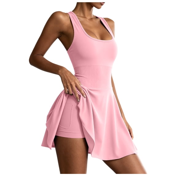 Vdoaml Womens Sleeveless Tennis Dress with Built In Shorts and Bra Ladies Athletic Workout Dresses Daily Active Wear L Light Pink