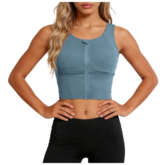 Vdoaml Zip Front Sports Bras for Women Plus Size High Support Yoga Crop Tank Ladies Compression Athletic Bra S Blue