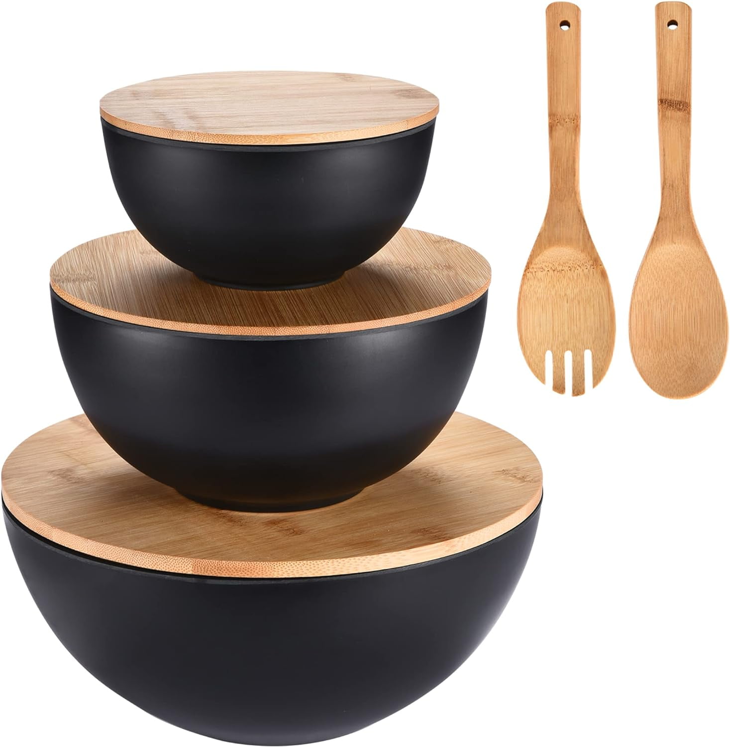 Vdomus Large Bamboo Fiber Salad Bowl Set with Acacia Wood Lids, Food