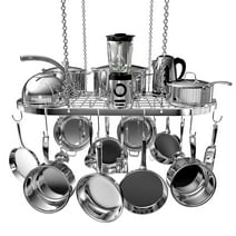Vdomus Hanging Pot and Pan Rack Ceiling Mount with 15 Hooks - Kitchen Organization Storage for Cookware - 33 x 17 Inch Suspended Organizer - Pot Pan Hanger for Kitchen Ceiling