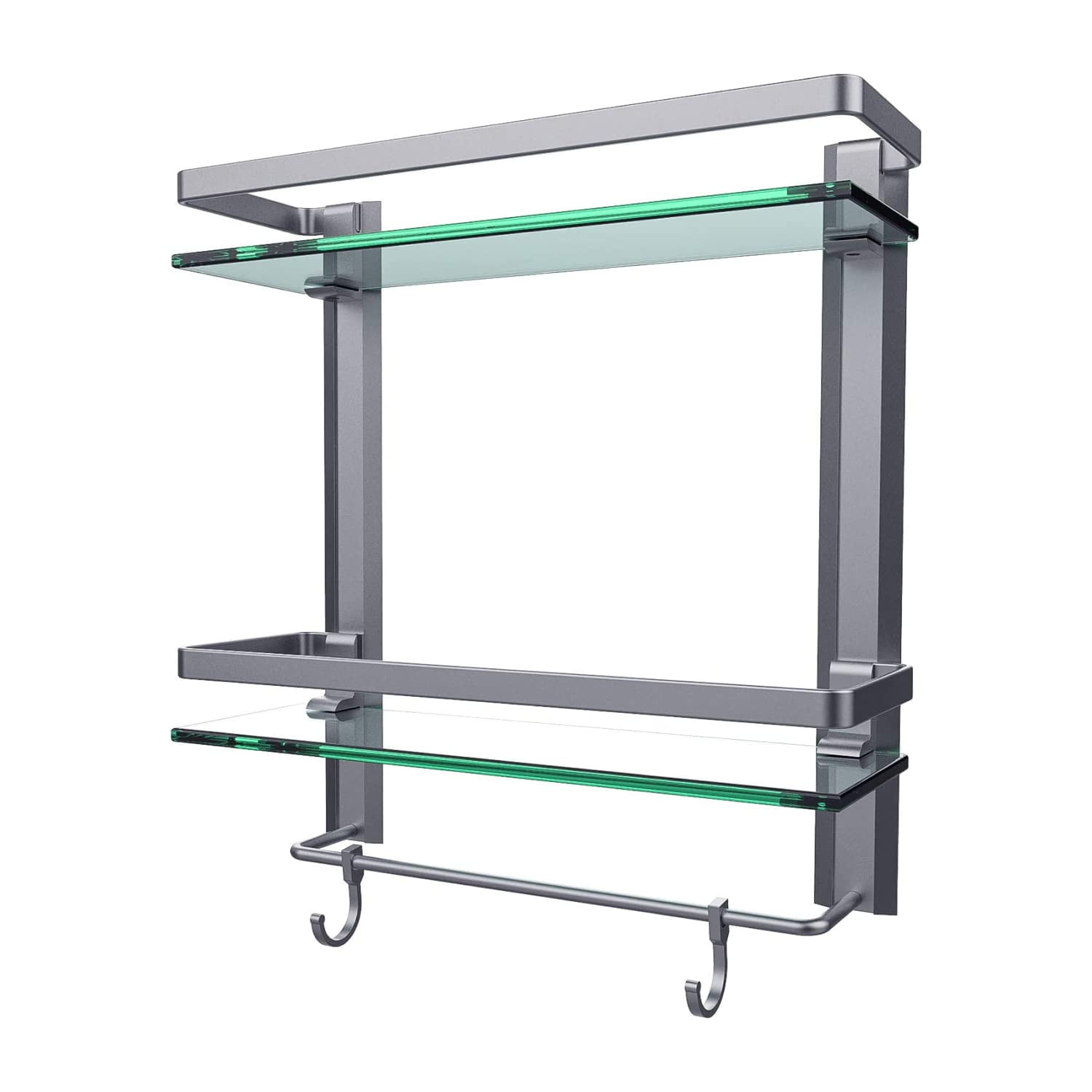 Vdomus Silver Glass Bathroom Wall Organizer Shelf w/Towel Bar, 15.2x5