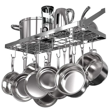 Vdomus Wall Mounted Pot Rack with 15 Moveable Hooks - Kitchen Cookware Organizer for Pots and Pans Storage, 29.3 x 13 Inches, Square Grid Design, Silver Color