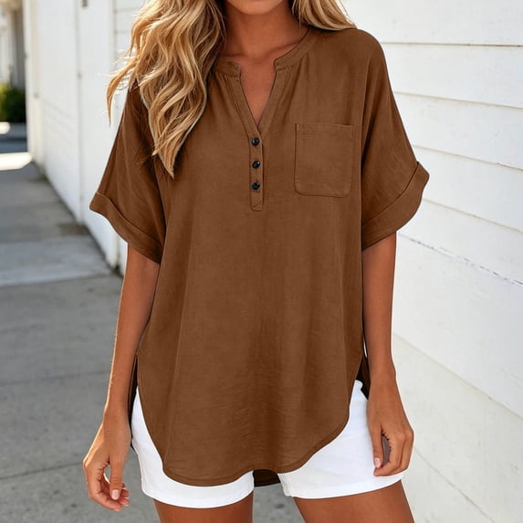 Seasonal Button Front Solid Pocket Tee For Short Sleeve Casual Top