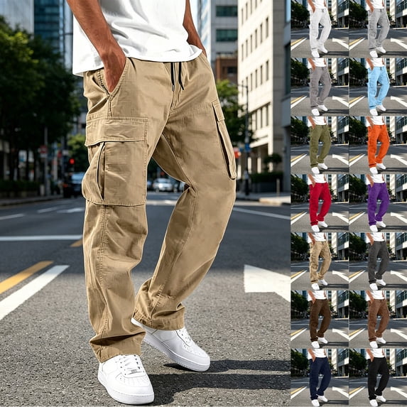 VeFlora 2026 Men's Cargo Pants, Stright Leg Sport Elastic Relax Fit Cargo Pants for Men, Fall Lightweight Cargo, Multi-Pockets Hiking Work Bermuda Pants(Khaki/S)
