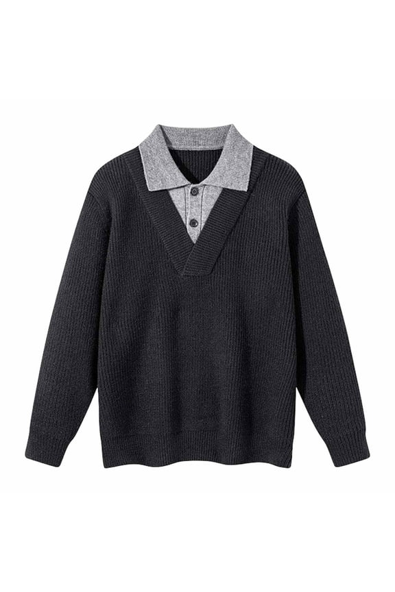 2026 New Knit Solid Lapel Sweater for Men, Long Sleeve Dress Sweater for Men with Button, Classic Fit Pullover Cover up Top for Casual Formal(Black/XXL)