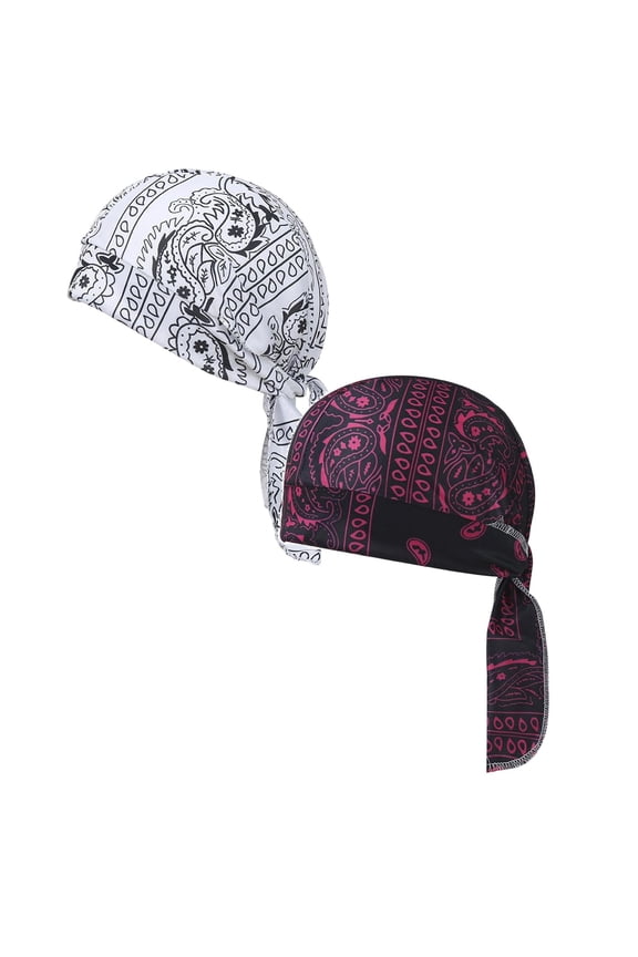 2PC Paisley Bandana Skull Cap, Breathable Sweat Wicking Quick Dry Do Rag, Stretchy Head Wrap for Cycling, Motorcycle, Hiking, Running and Outdoor Activities, Unisex(White*Red)