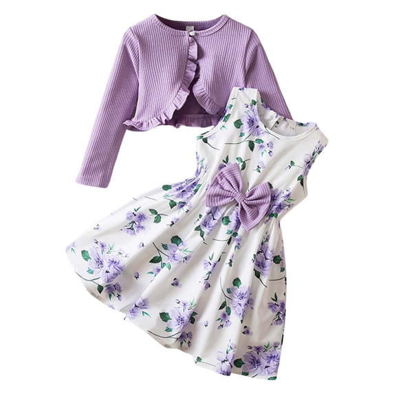 VeFlora 2PCS Little Girls Dress with Cardigan Floral Dresses Ruffle Shrug Sweaters Fall Full Clothes, Birthday Gift for Girl(Purple/5-6 Years)