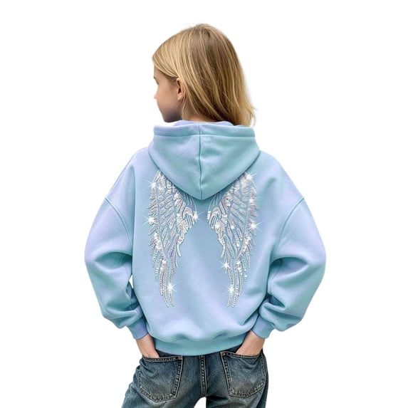 VeFlora Angel Hoodie for Girls, Sequins Rhinestones Wings Y2K Sweatshirt for Kids, Long Sleeve Pullover Baggy Solid Hoodie with Pocket(Light Blue/13-14 Years)