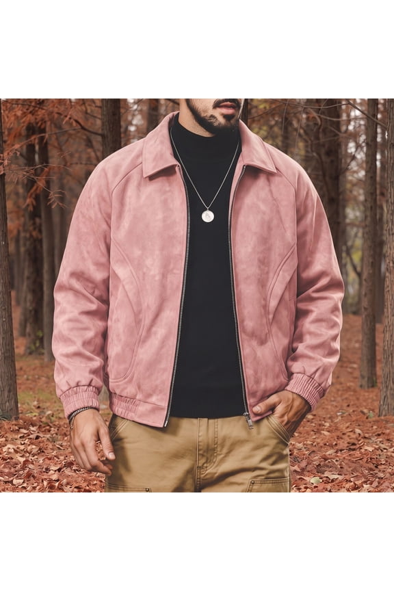 Big & Tall Mens Retro Solid Jacket, Lapel Loose Fit Casual Coat, Faux Suede Oversized Anorak for Men, Daily Streetwear and Commuting Outfits.(Pink/M)