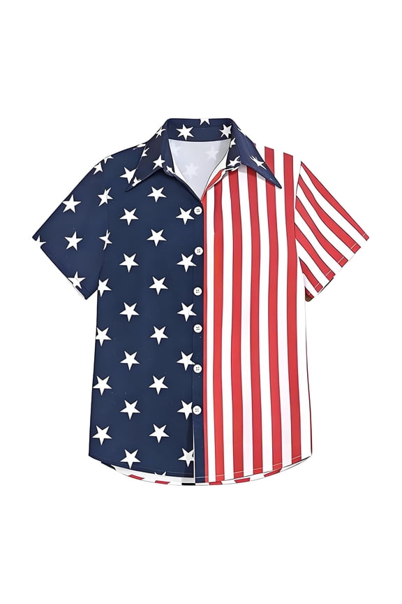Boys American Flag Short Sleeve Button Down Shirt, Kids Patriotic 7th of July Casual Shirt, Independence Day Printed Top(Blue/130)