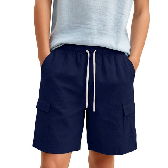 VeFlora Boys Linen Cargo Shorts Summer Casual - Loose Elastic Waist Drawstring Lightweight Beach Shorts with Pockets for Kids(Dark Blue/5-6 Years)