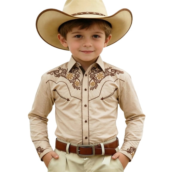 VeFlora Boys Western Cowboy Print Shirt Long Sleeve Button Down Casual Top for School Parties or Family Matching Outfits Kids Ranch Style Ages 4–13(Khaki/4-5 Years)