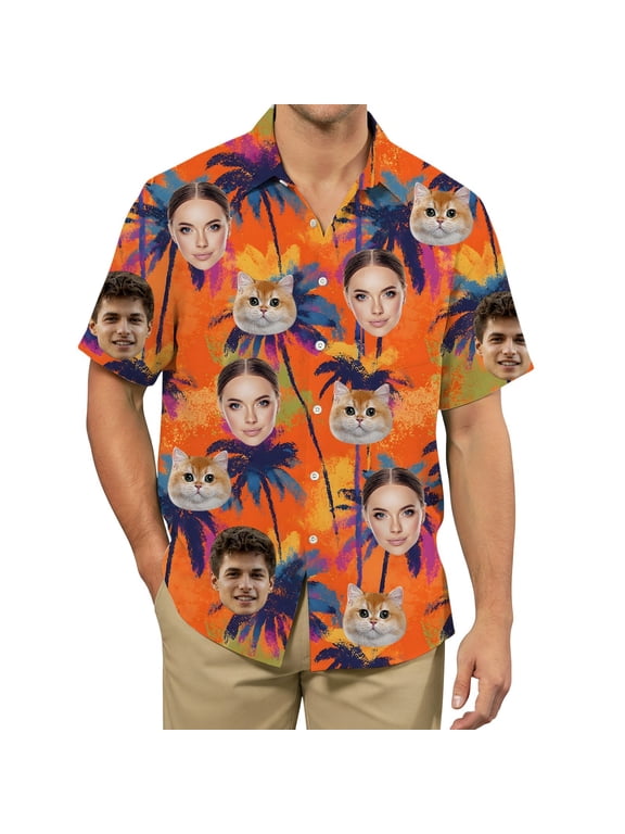 Custom Hawaiian Shirt with Face, Personalized Funny Hawaiian Shirts for Men (Orange/S)