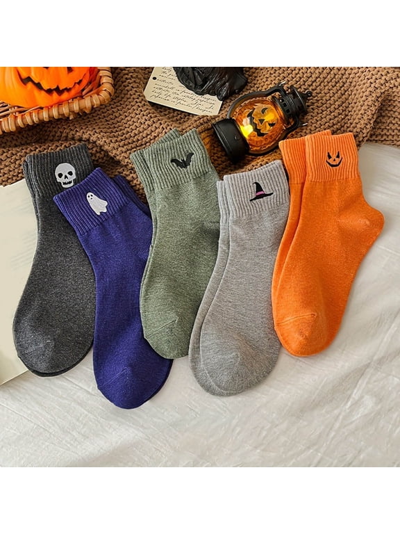 Cute Halloween Socks for Women, 5 Pairs Cozy Novelty Crew Socks Set, Mid-Calf Knit Socks, Soft Stretch Warm Fall Winter Essentials for Daily Wear, Halloween Party, Work, School & Gifts