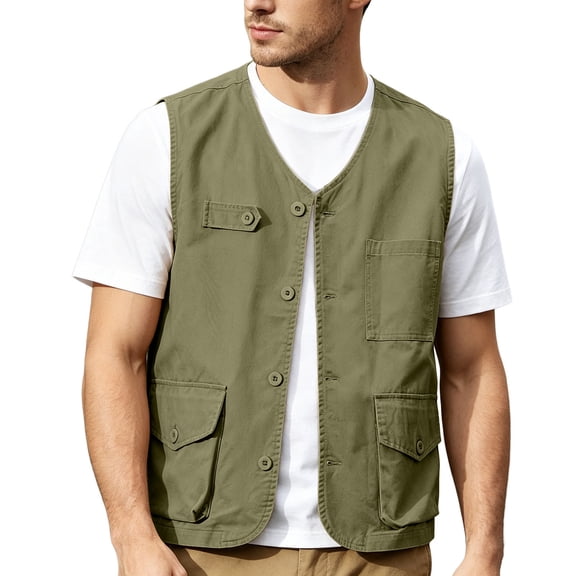 VeFlora Fishing Vests for Men with Multi Pockets Cotton Utility Safari Travel Vest Outdoor Work Photo Cargo Fly Hiking Gear(Green/M)