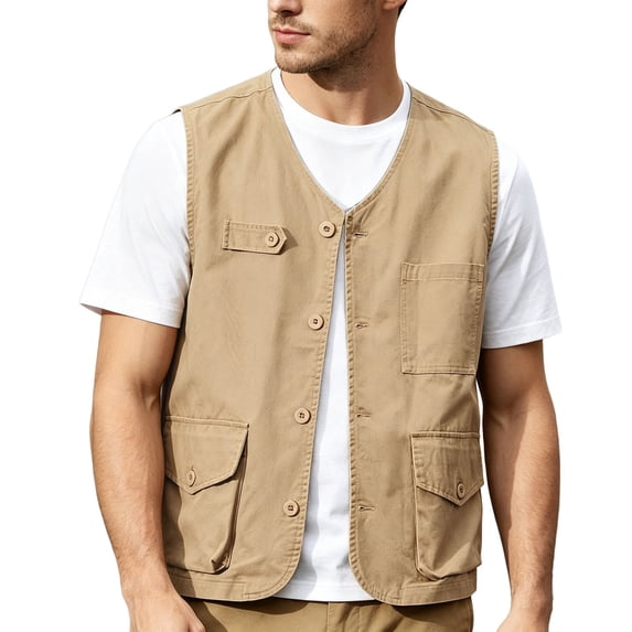 VeFlora Fishing Vests for Men with Multi Pockets Cotton Utility Safari Travel Vest Outdoor Work Photo Cargo Fly Hiking Gear(Khaki/XXXL)