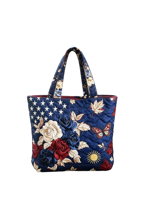 Floral American Flag Print Quilted Tote Patchwork 250 Anniversary USA 4th of July Patriotic Shoulder Bag Daily Handbag(Multicolour4/S)