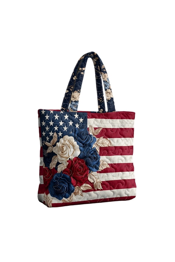 Floral American Flag Print Quilted Tote Patchwork 250 Anniversary USA 4th of July Patriotic Shoulder Bag Daily Handbag(Multicolour9/M)