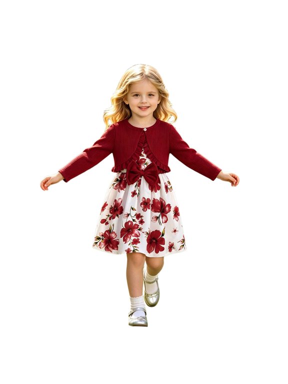 Girl Sleeveless Dresses and Long Sleeve Ruffle Cardigan 2 Piece, Floral Butterfly Print Sleeveless Round Neck A Line Dress with Long Sleeve Cardigan, Fall Outfits(Red/5-6 Years)